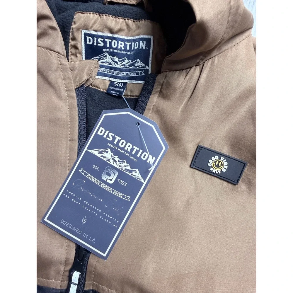 Distortion Kids Hooded Fleece Lined Windbreaker Jacket Tan Black Size S 4 NWT
